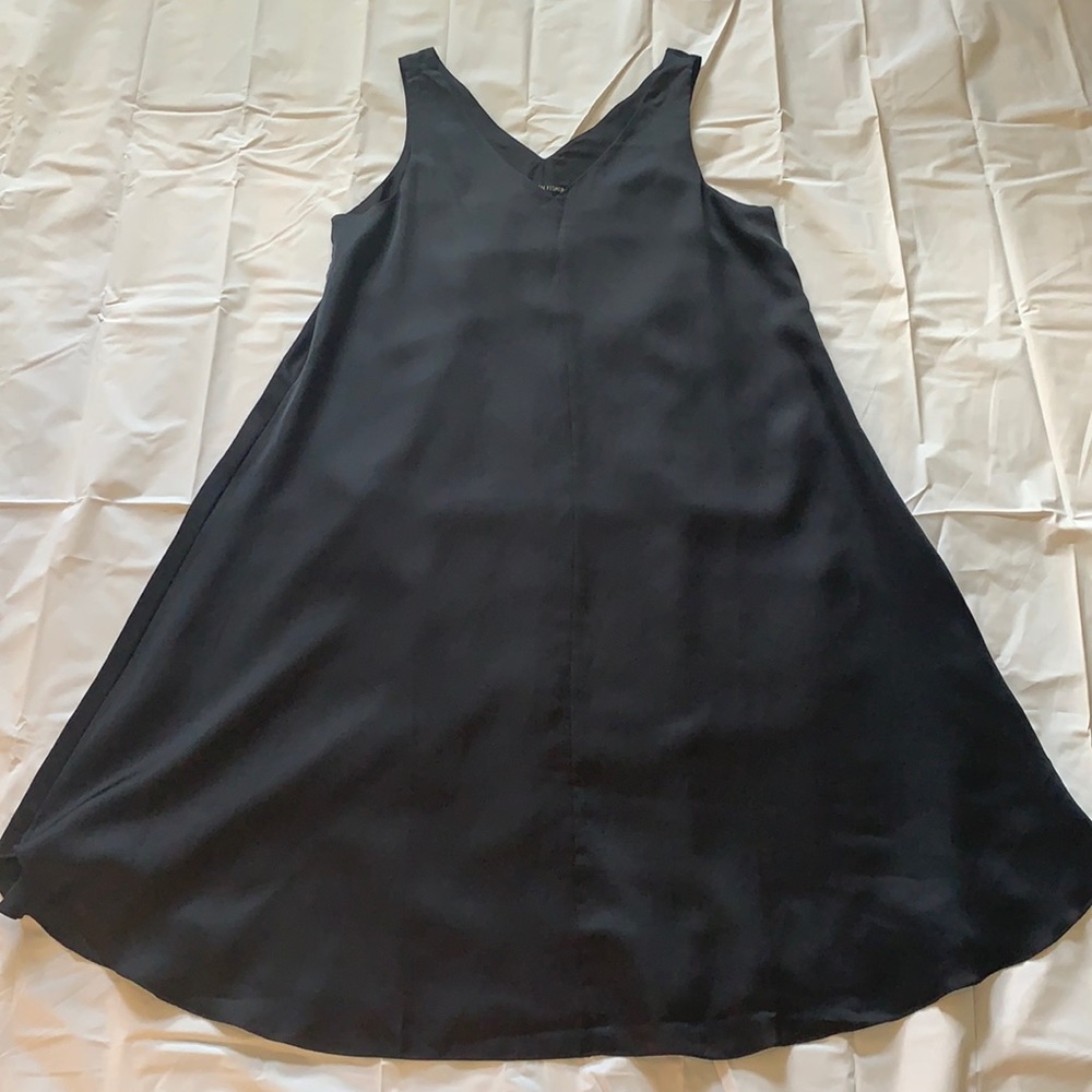 Eileen Fisher Black Silk Organic Cotton Double V-neck Dress XS Relaxed Fit